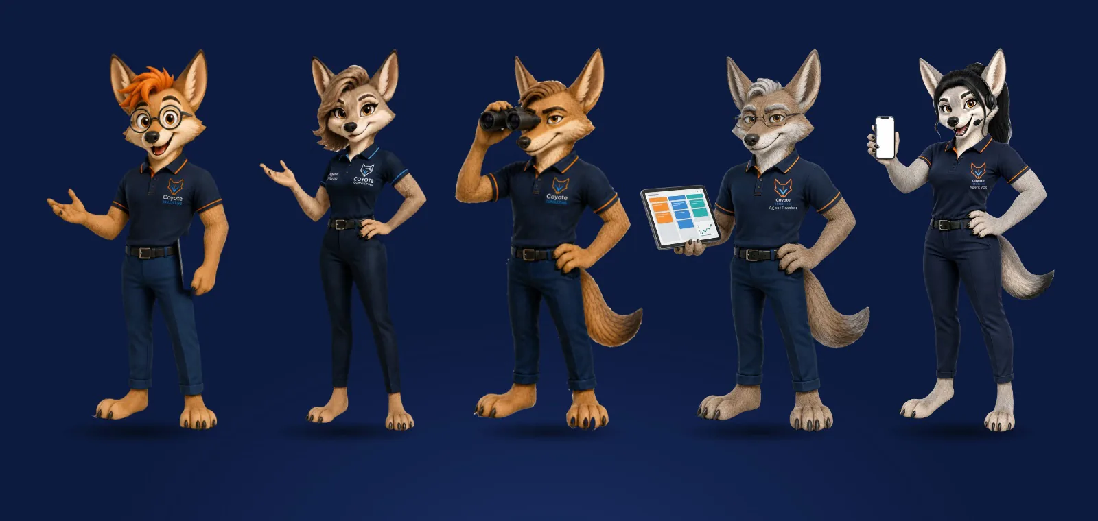 The five coyotes of the pack in a line: Major, Plume, Scout, Tracker and Vox
